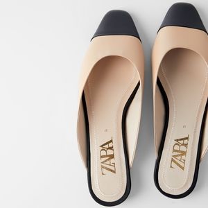 ZARA Nude/Black Leather Low Heel Cap Toe Mules